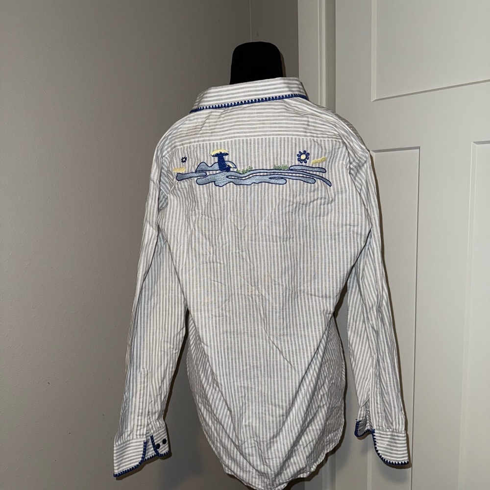Re/Done UPCYCLED EMBROIDERED STRIPED COTTON SHIRT IN WHITE Small - Picture 4 of 7